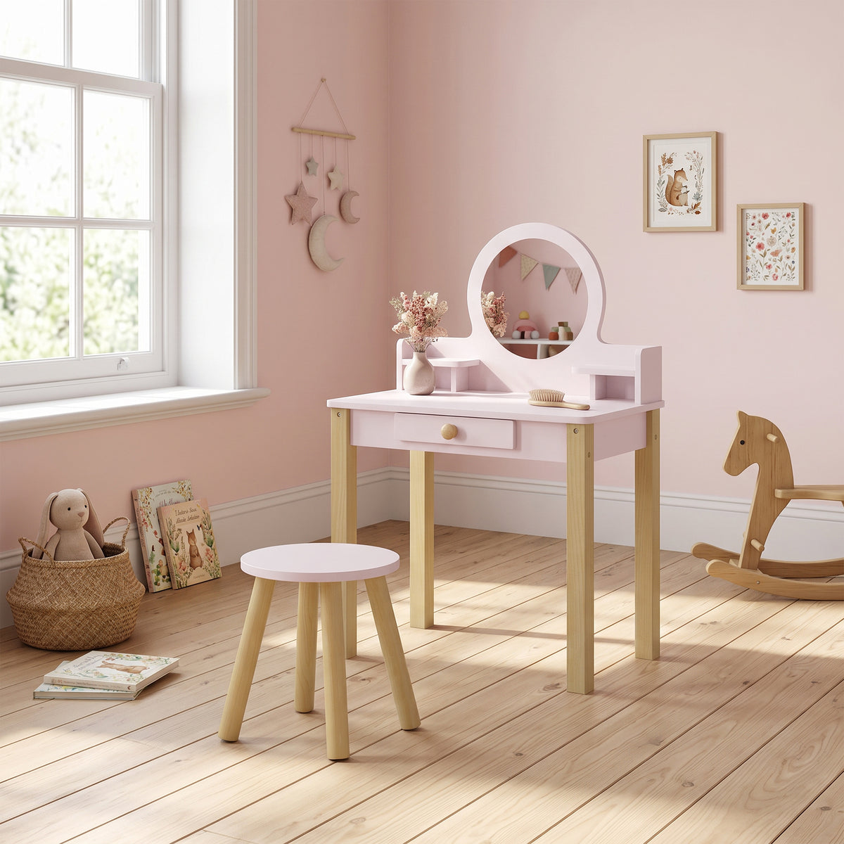 Toeletta per bambini in legno con specchio e sgabello, tavolo da trucco per bambini con cassetto e ripiano, da 3 a 6 anni, rosa
