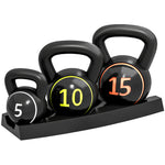 3er-Set Kettlebells, 2,2, 4,5 und 6,8 kg, rutschfester Griff für Fitness- und Sporttraining, inklusive schwarzem Ablageregal