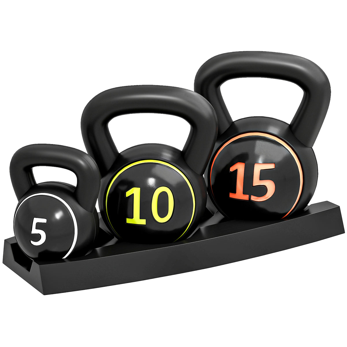 3er-Set Kettlebells, 2,2, 4,5 und 6,8 kg, rutschfester Griff für Fitness- und Sporttraining, inklusive schwarzem Ablageregal