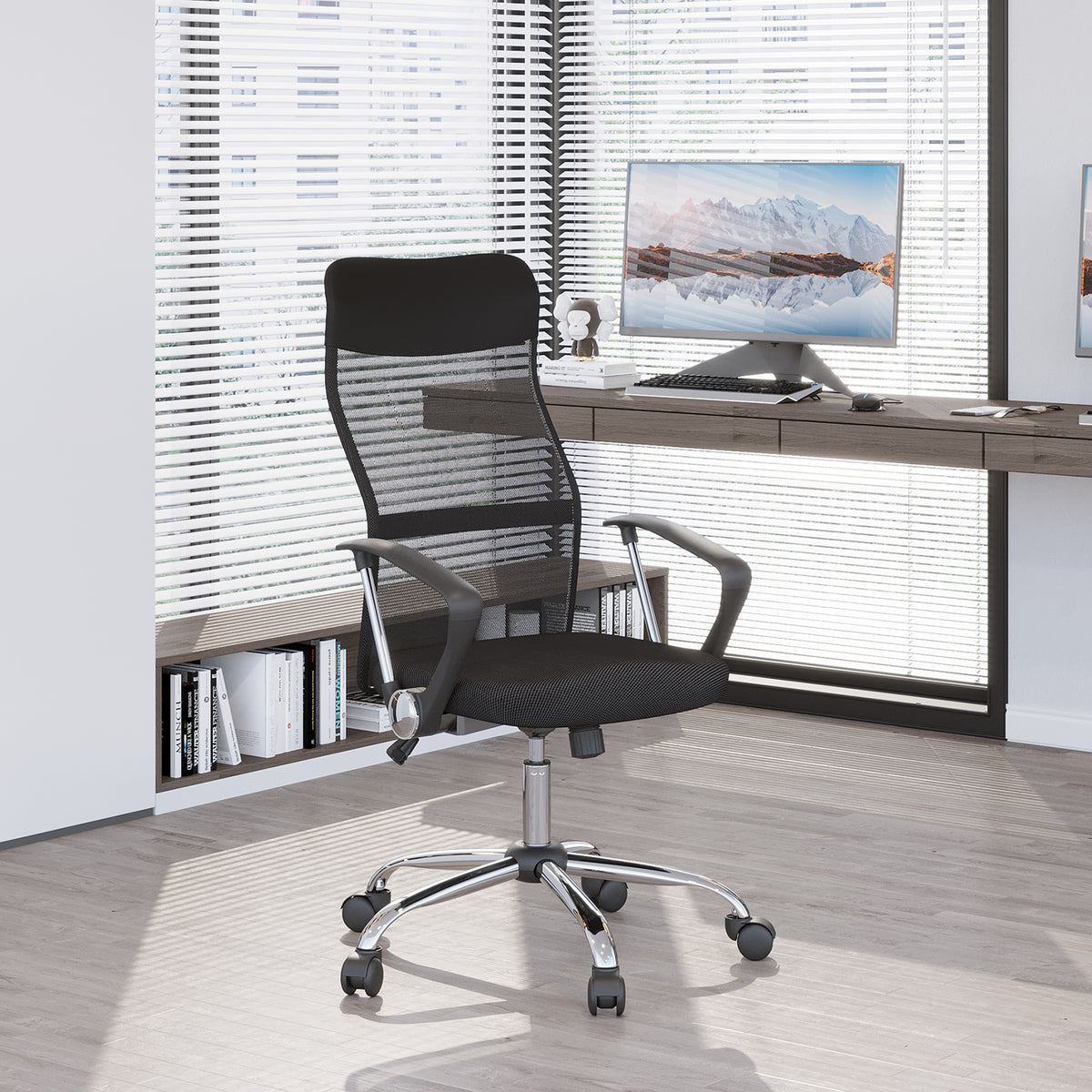 High-comfort executive office chair, ergonomic backrest, adjustable seat height, swivel, black mesh fabric