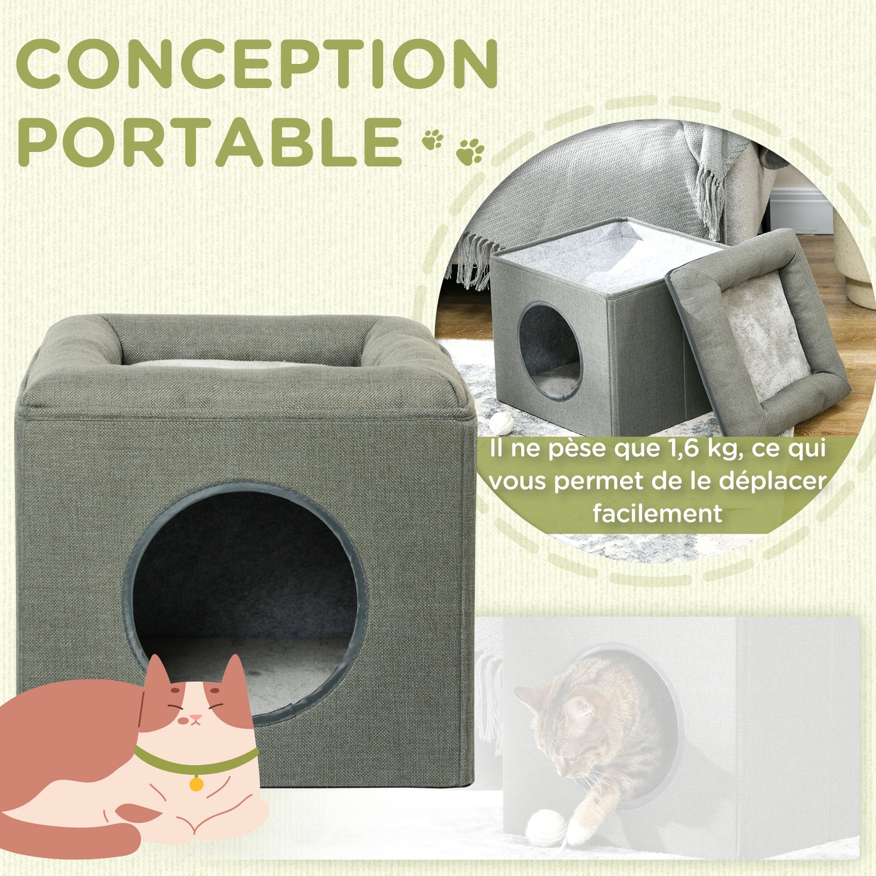 Maison niche pour chat 2 niveaux avec coussin moelleux en peluche - 36,5 x 36,5 x 33 cm gris