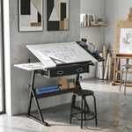 Drawing table with stool and 2 drawers, adjustable height, tiltable tabletop 0° to 60°, 120 x 60 x 68-92 cm, white