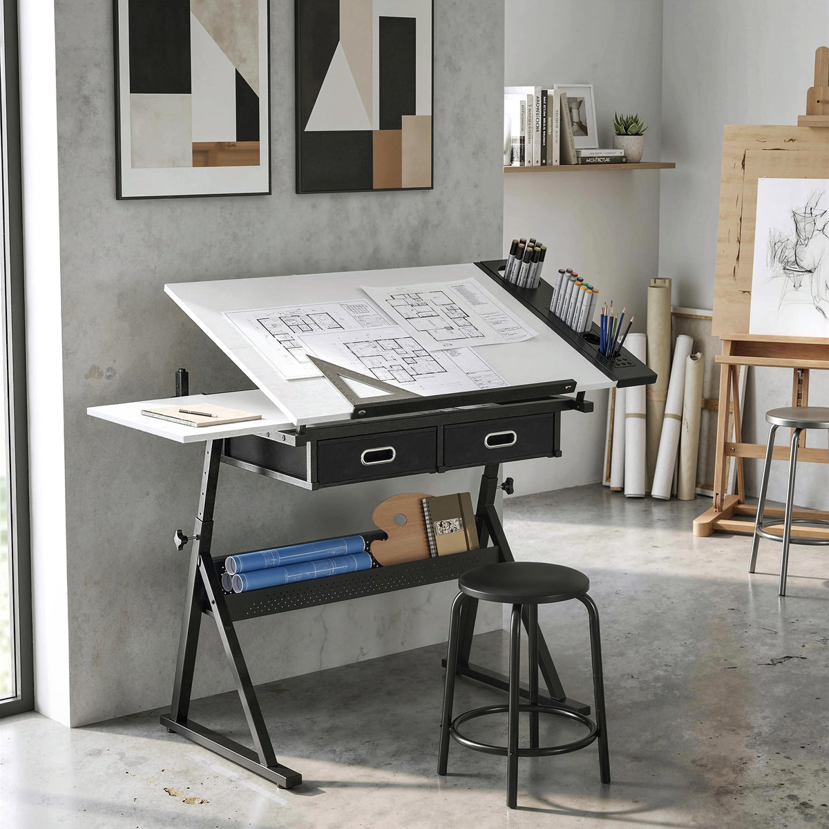 Drawing table with stool and 2 drawers, adjustable height, tiltable tabletop 0° to 60°, 120 x 60 x 68-92 cm, white
