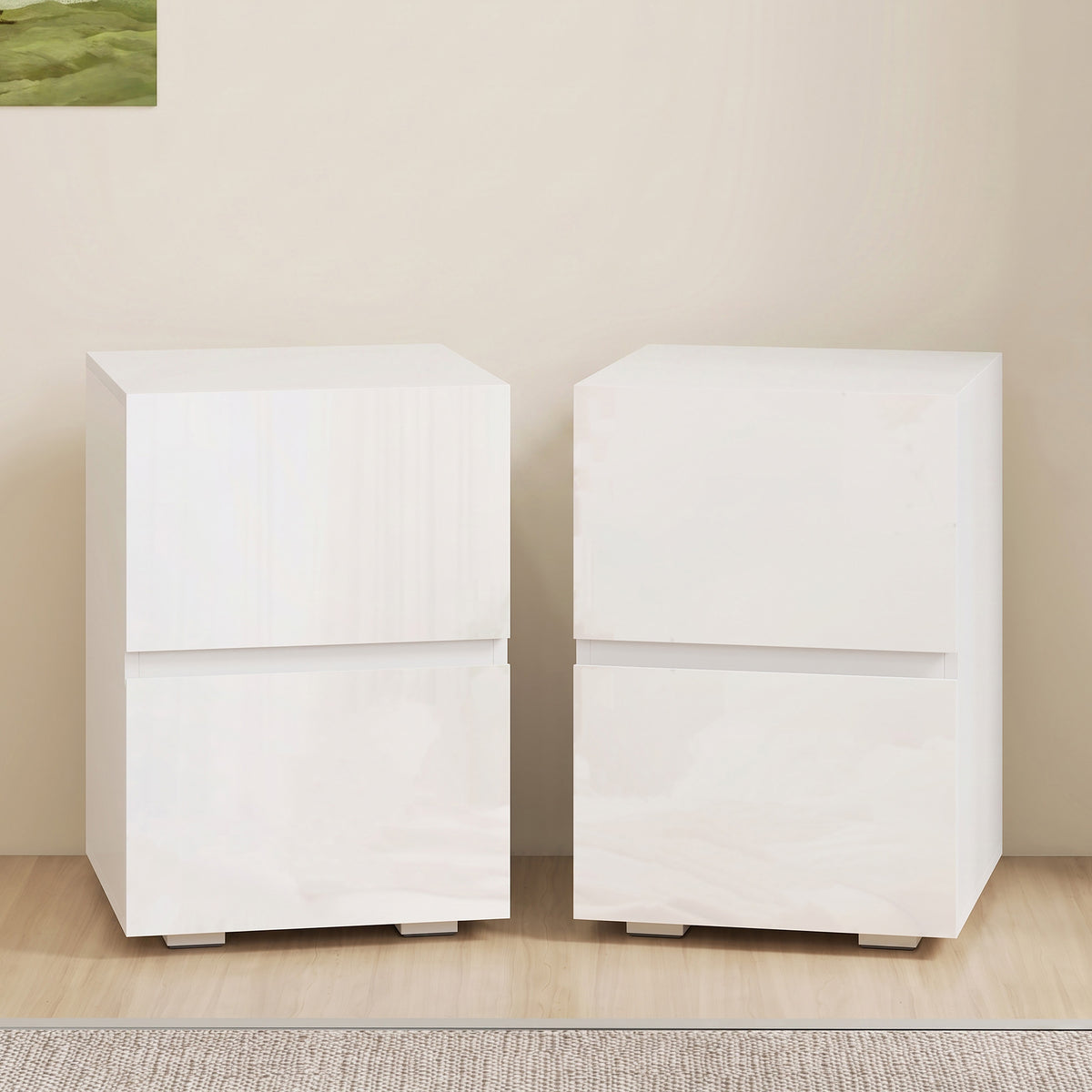 Set di 2 Comodini, Tavolini con 2 Cassetti, Frontali Lucidi, Ampio Piano, 40x40x58cm, Bianco