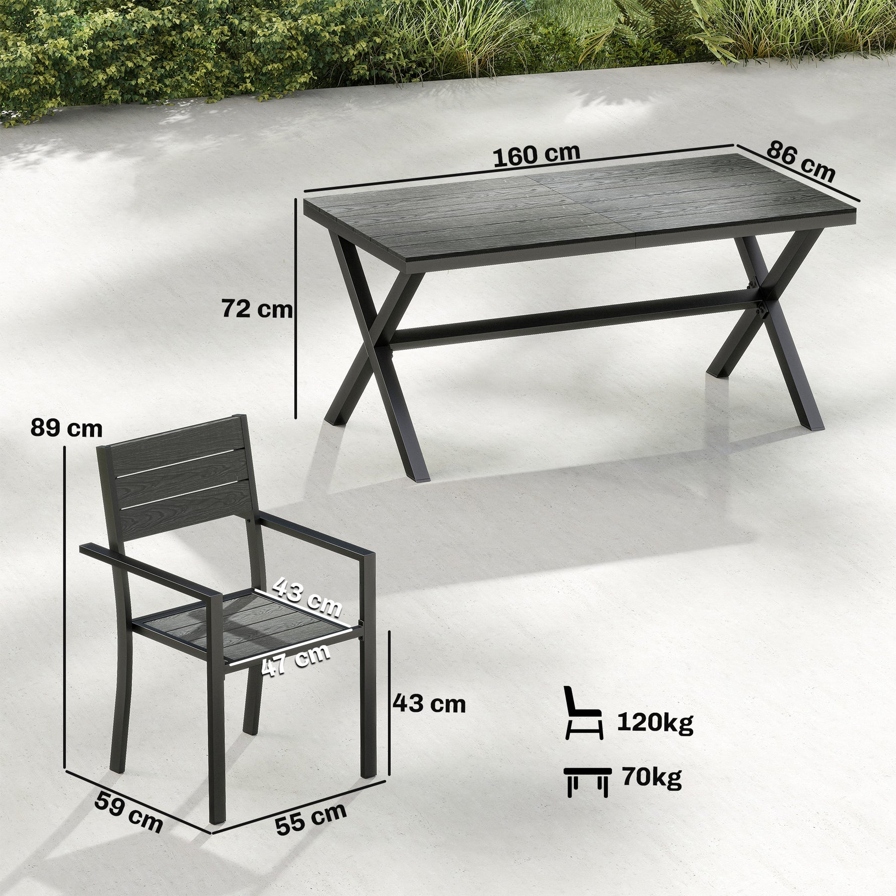 Ensemble de Salle à Manger Extérieur 7 Pièces pour 6 Personnes, Table et Chaises Empilables avec Lattes Effet Bois, Cadre en Aluminium, Gris