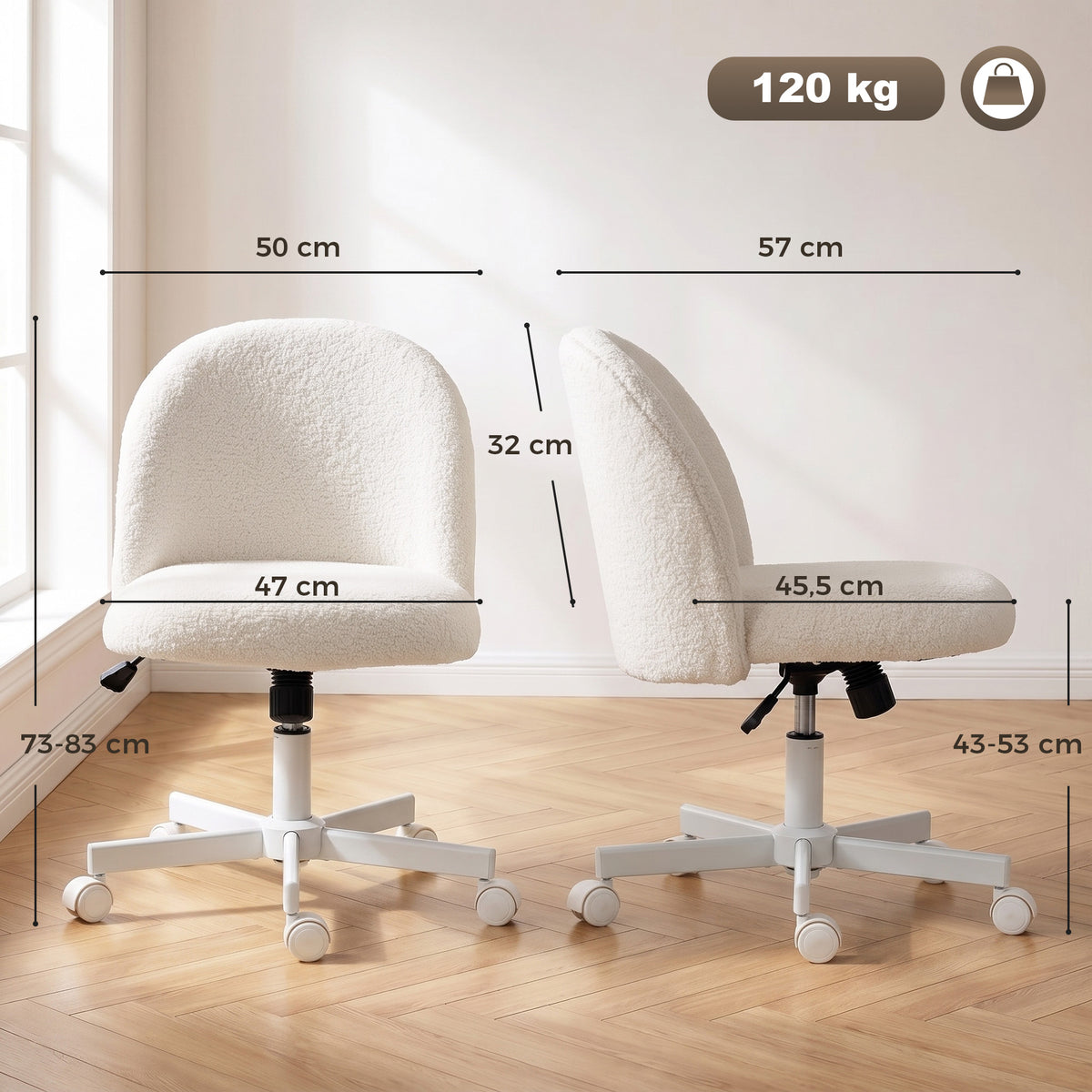 Chaise de Bureau Ergonomique, Fauteuil de Bureau Inclinable en Tissu Bouclette Sans Accoudoirs, Hauteur Réglable, Crème