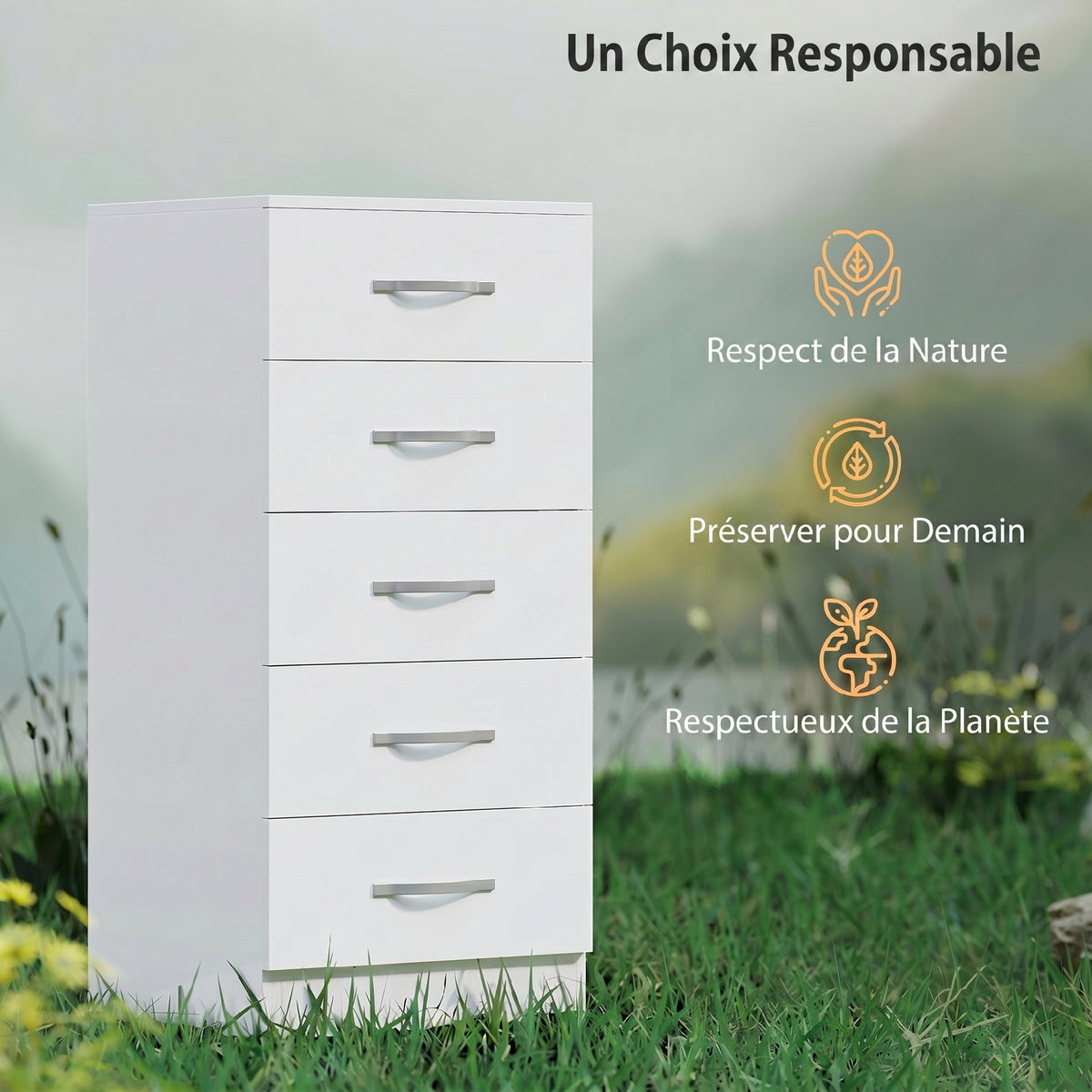 Commode 5 tiroirs, meuble de rangement étroit, style moderne, pour chambre à coucher, salon, couloir, 40x35x85cm, blanc