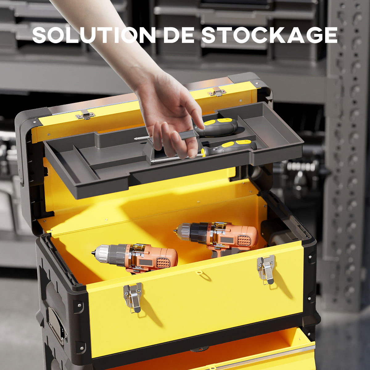 Lot de 3 boîtes à outils sur roulettes empilables et modulaires en acier avec plateau, poignées et serrure, jaune