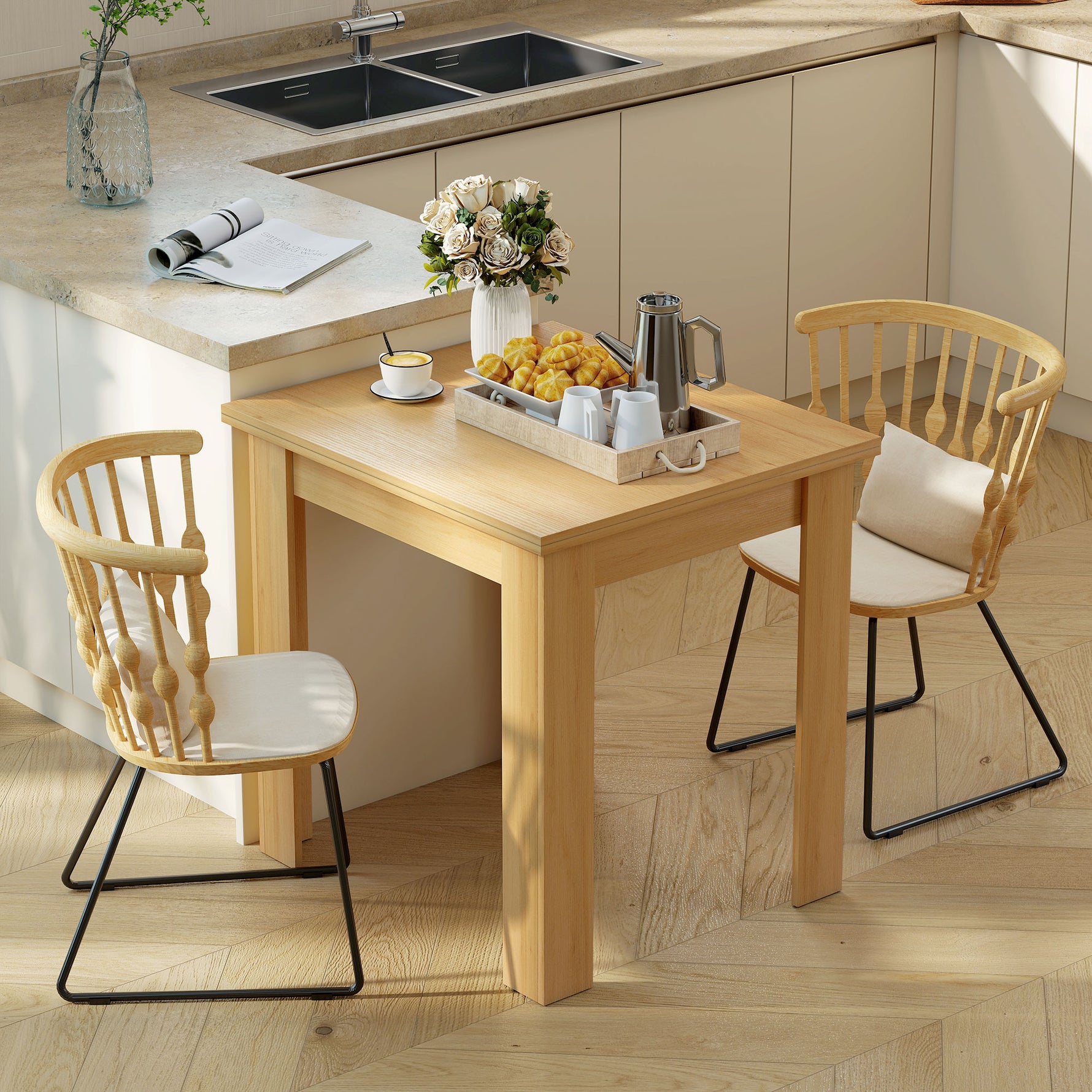 Table à manger extensible rectangle pour 4 à 6 personnes, table de cuisine 70-140 cm, patins en feutre, bois naturel