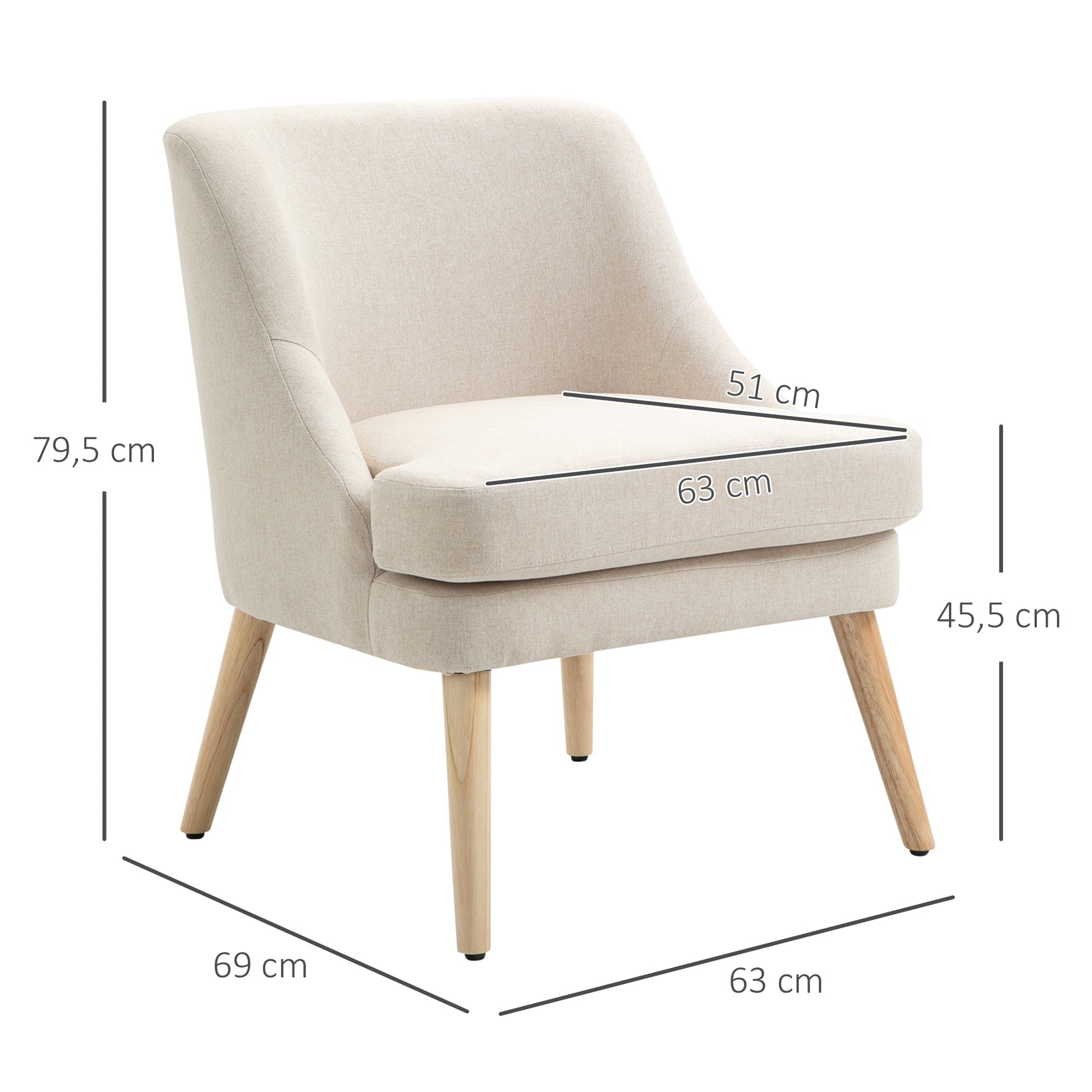 Fauteuil Scandinave Confortable pour Salon et Chambre, Pieds en Bois Massif, Revêtement en Tissu Lin, Beige