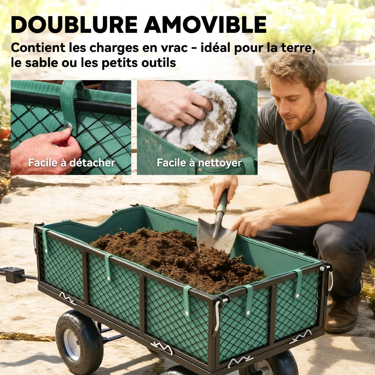 Gartenwagen 300 kg, Bollerwagen mit abnehmbarer Plane und 180° drehbarem Griff, klappbare Seitenteile, Grün