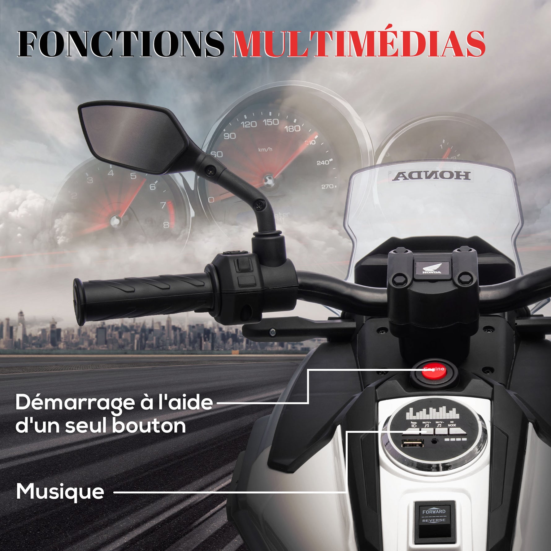 Moto électrique pour enfants moto porteur Honda pour enfants 3 à 6 ans avec musique, phares blanc