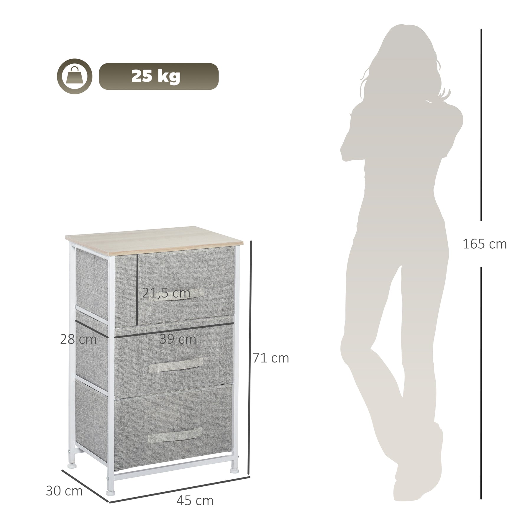 Meuble de rangement chiffonnier moderne 3 tiroirs en tissu, cadre en acier et MDF, 45 x 30 x 71 cm, gris-2
