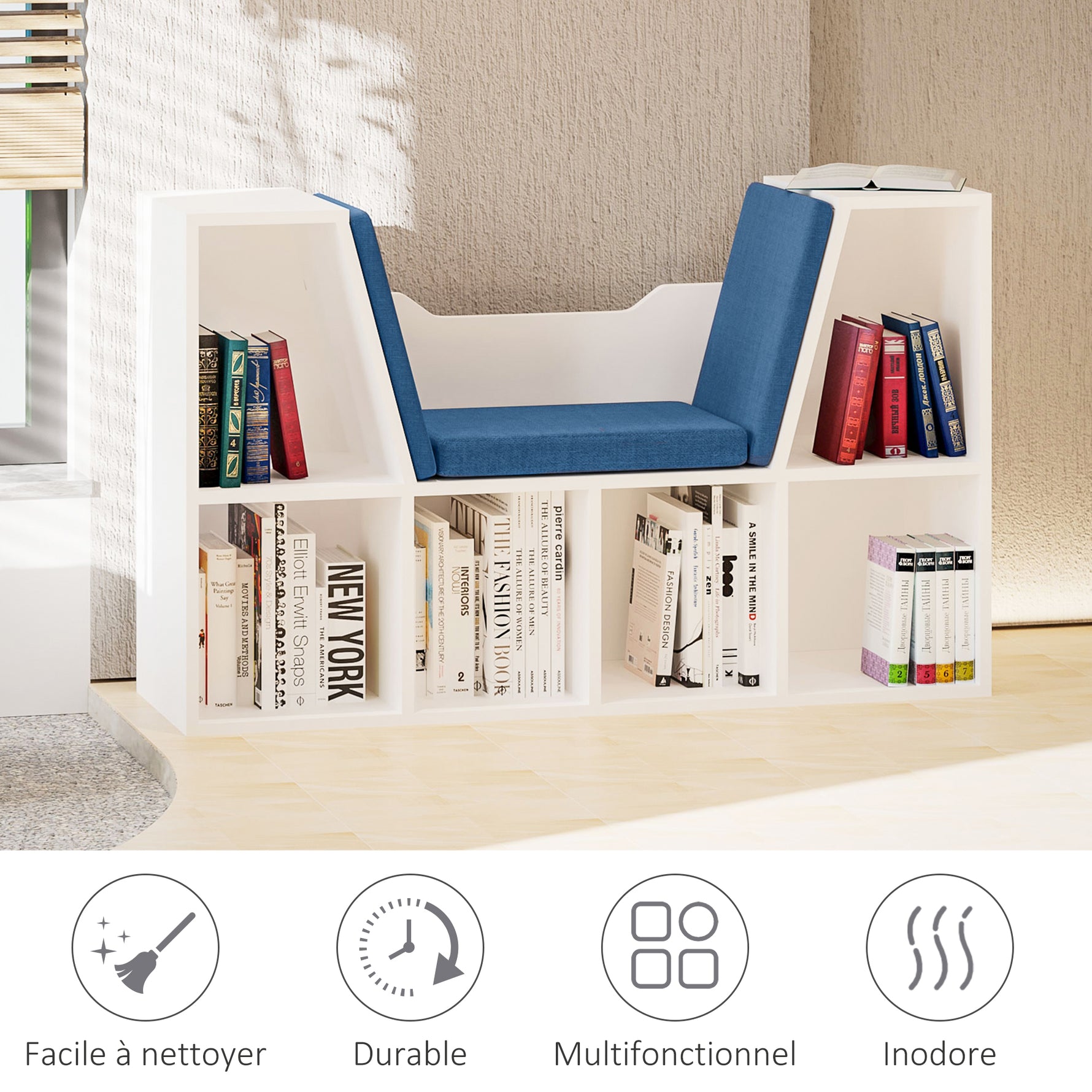 Bibliothèque banc 2 en 1 avec coussins de siège, étagère cube 6 compartiments ouverts et 2 niveaux, meuble de rangement pour salon, chambre à coucher, bureau, 102 x 30 x 61 cm, bleu