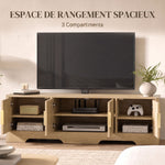 Meuble TV 140 cm, Meuble Télé pour Téléviseur jusqu'à 60 Pouces, 4 Portes Cannelées et Étagères Réglables, Chêne