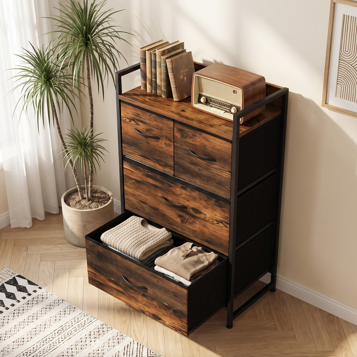 Mobile contenitore stile industriale, cassettiera con 4 cassetti in tessuto pieghevoli e rimovibili e 1 ripiano - 50 x 29 x 85 cm