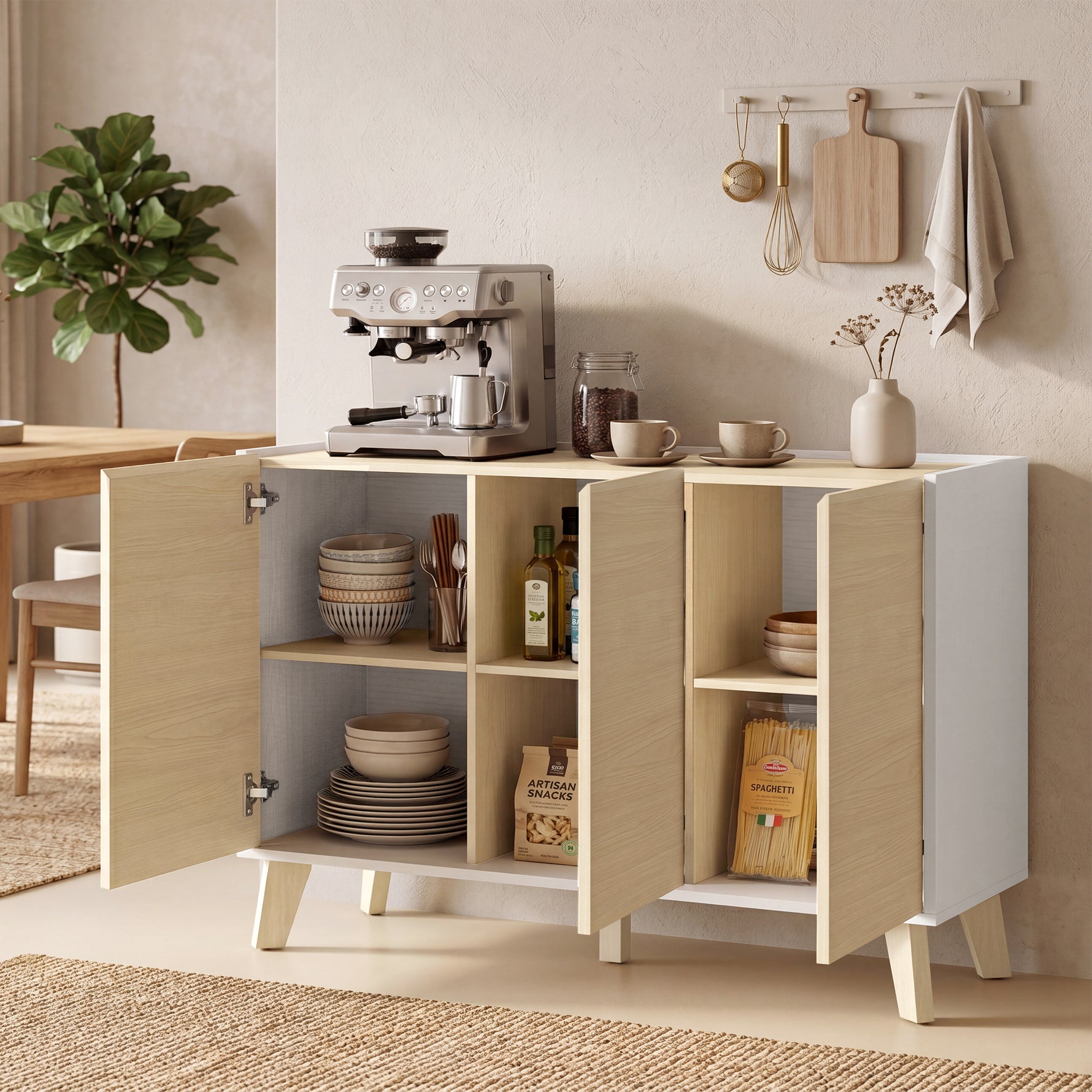 Buffet cuisine, meuble de rangement nordique, 3 portes à fermeture douce, 6 compartiments, bois naturel et blanc