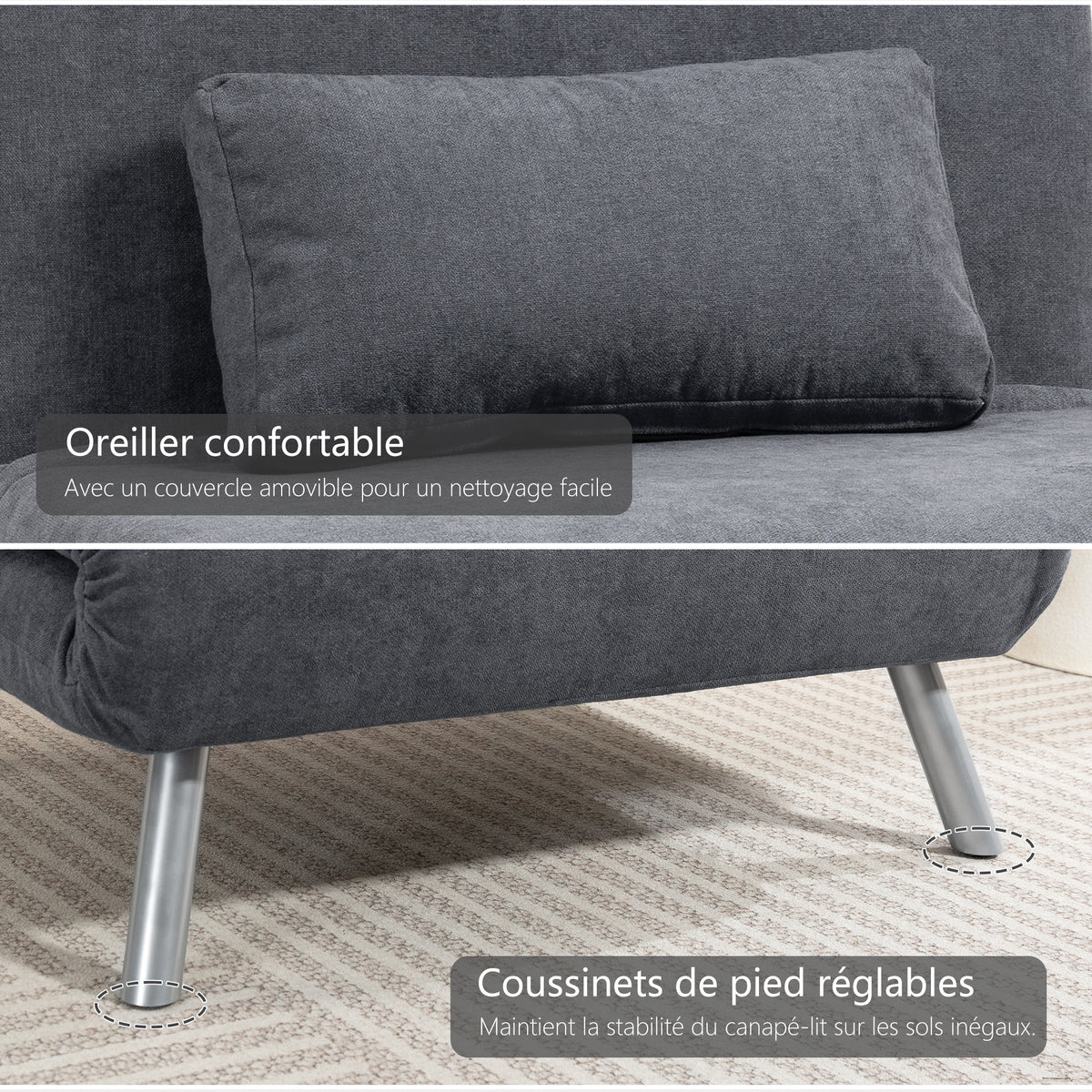 Poltrona letto singola, poltrona convertibile 3 in 1 con schienale regolabile, cuscino, seduta ampia, grigio scuro
