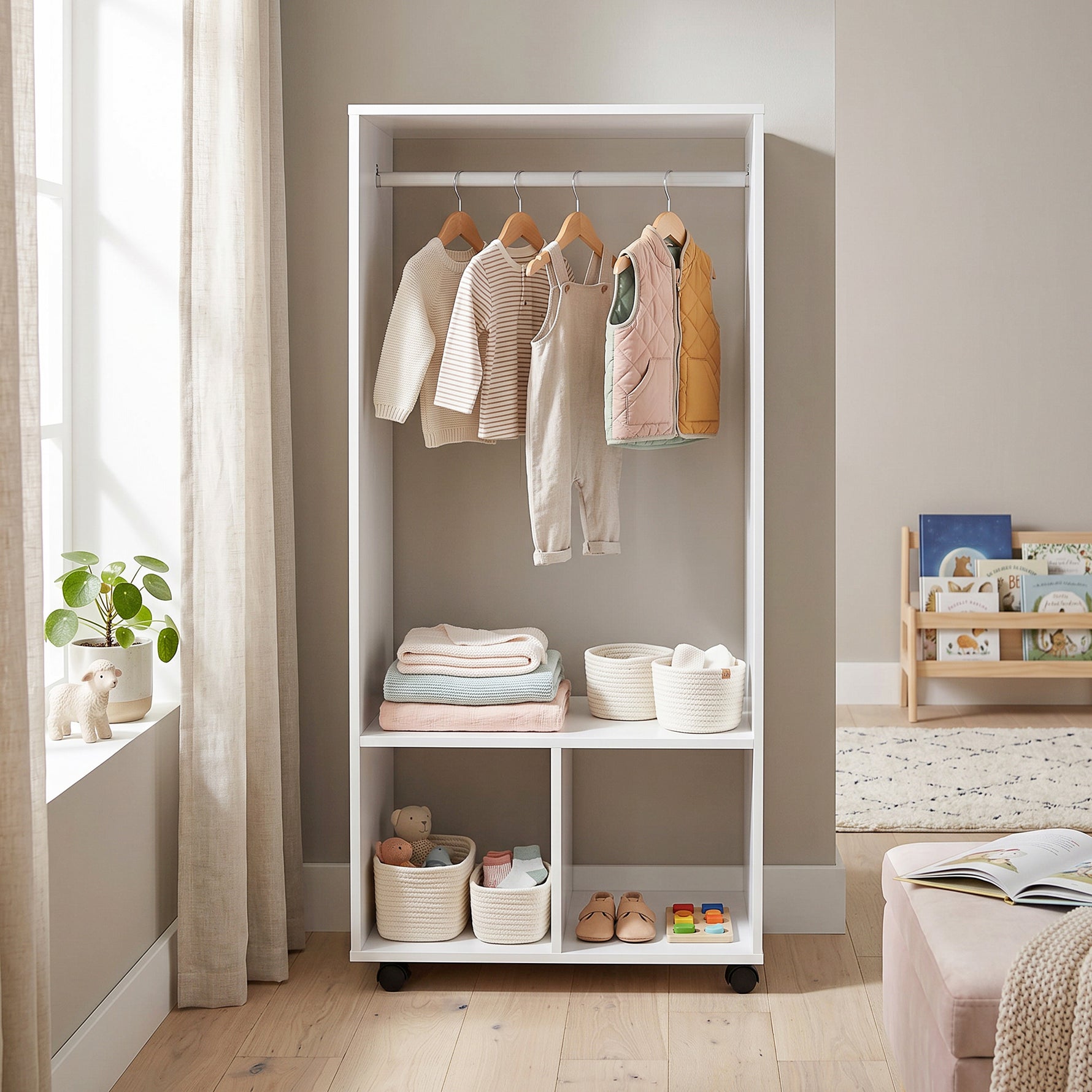 Armoire penderie étagère 2 niches 4 roulettes pivotantes dim. 60L x 40l x 128H cm Blanc