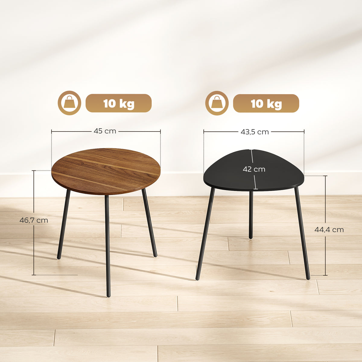 Lot de 2 tables basses gigognes, tables d'appoint contemporain cadre en métal, ronde et triangulaire, noyer et noir