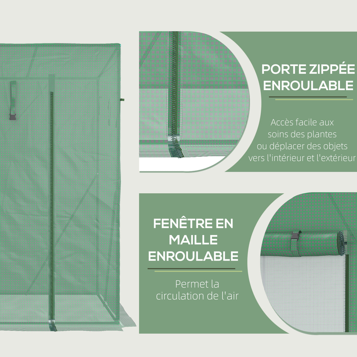Serre de Jardin Anti-UV 2 fenêtres moustiquaires + Barres renforcement 200L x 77l x 169H cm Acier PE Vert