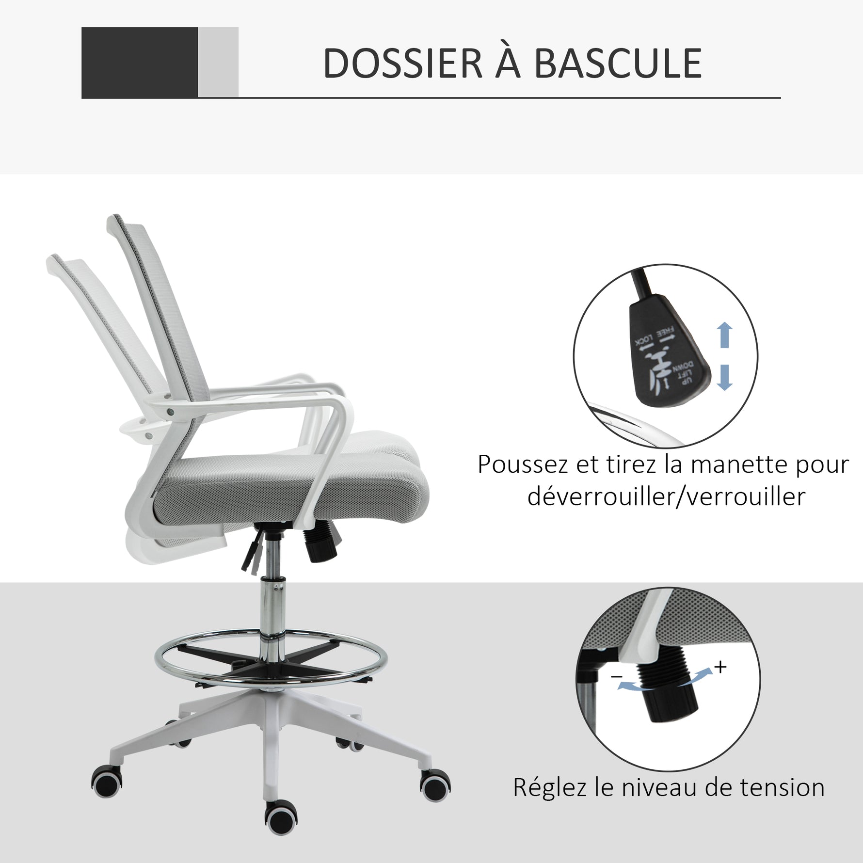 Lot de 2 fauteuils de bureau chaise de bureau assise haute réglable dim. 64L x 60l x 106-126H cm pivotant 360° maille