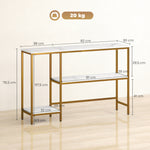 Console meuble 120 cm, table console 3 niveaux avec étagères de rangement, plateaux imitation marbre, blanc et doré