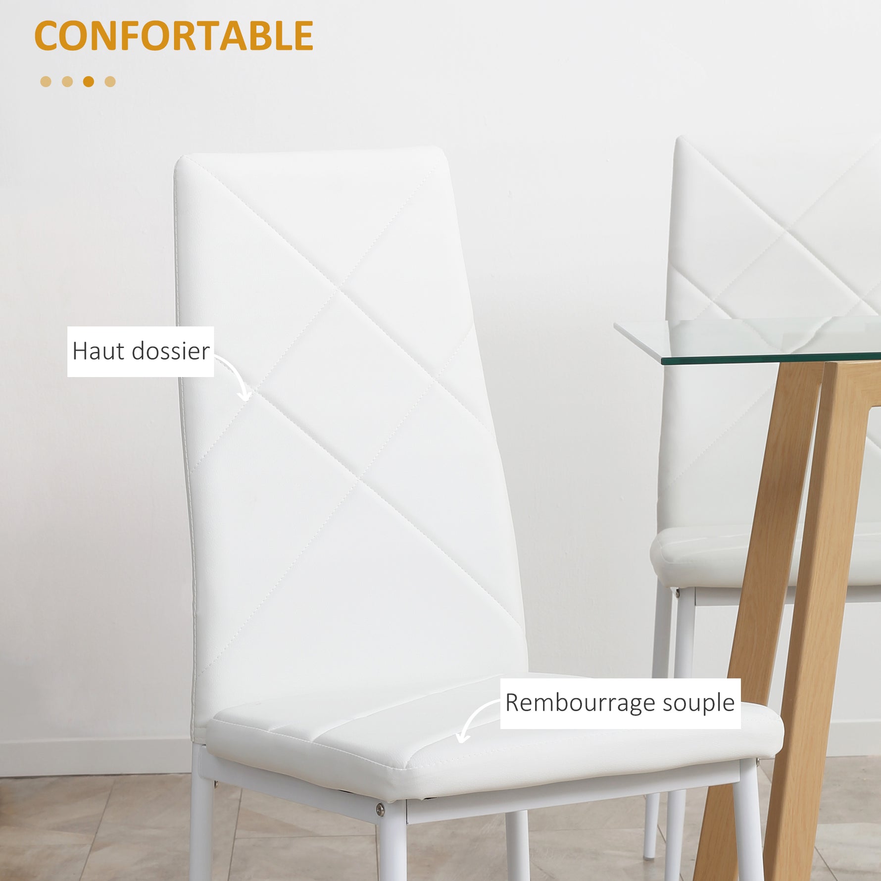 Lot de 4 chaises de salle à manger avec dossier haut, revêtement synthétique et pieds en acier, blanc