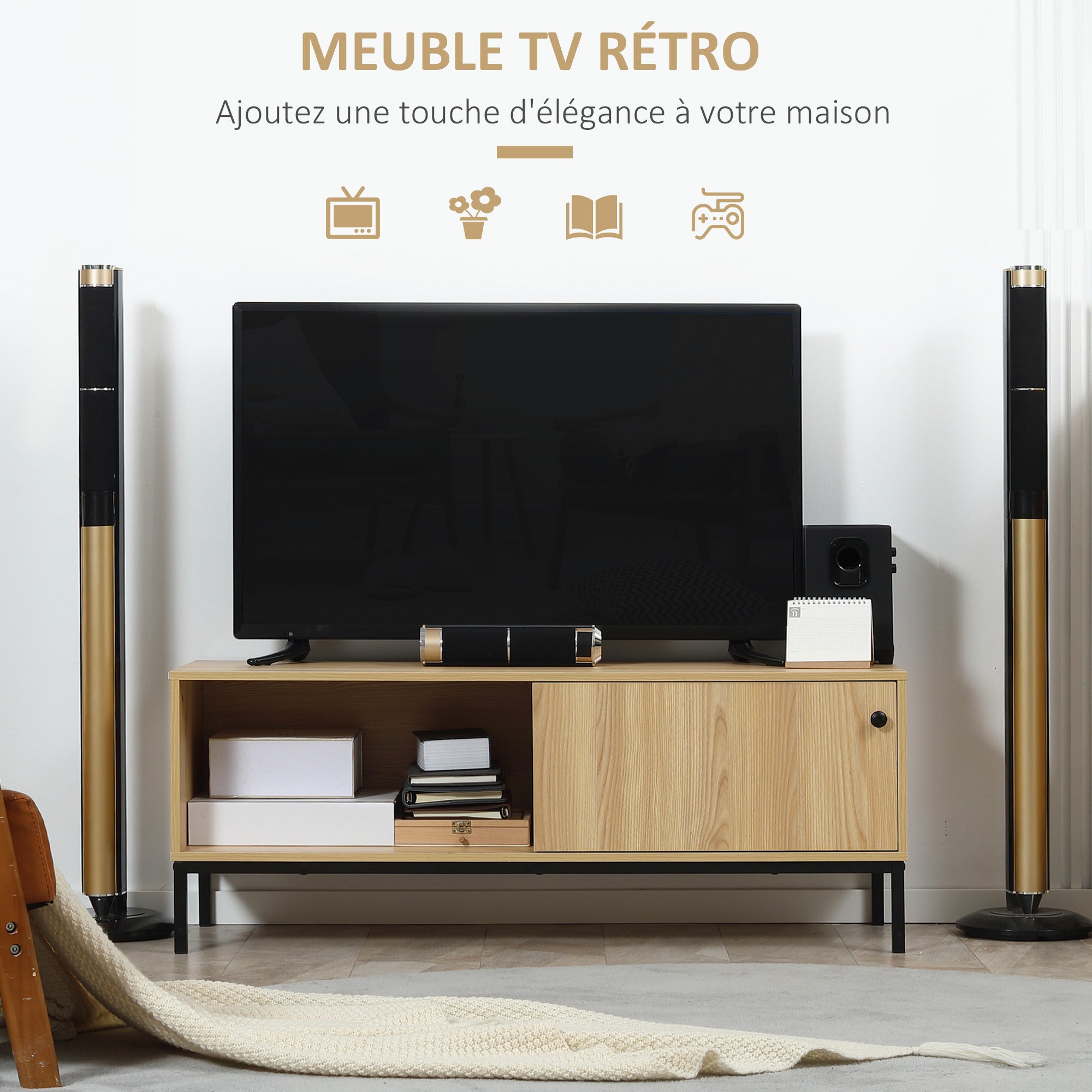 Meuble TV max. 50 pouces 3 compartiments 2 passe-câbles avec porte coulissante - dim. 120L x 39,5l x 46H cm