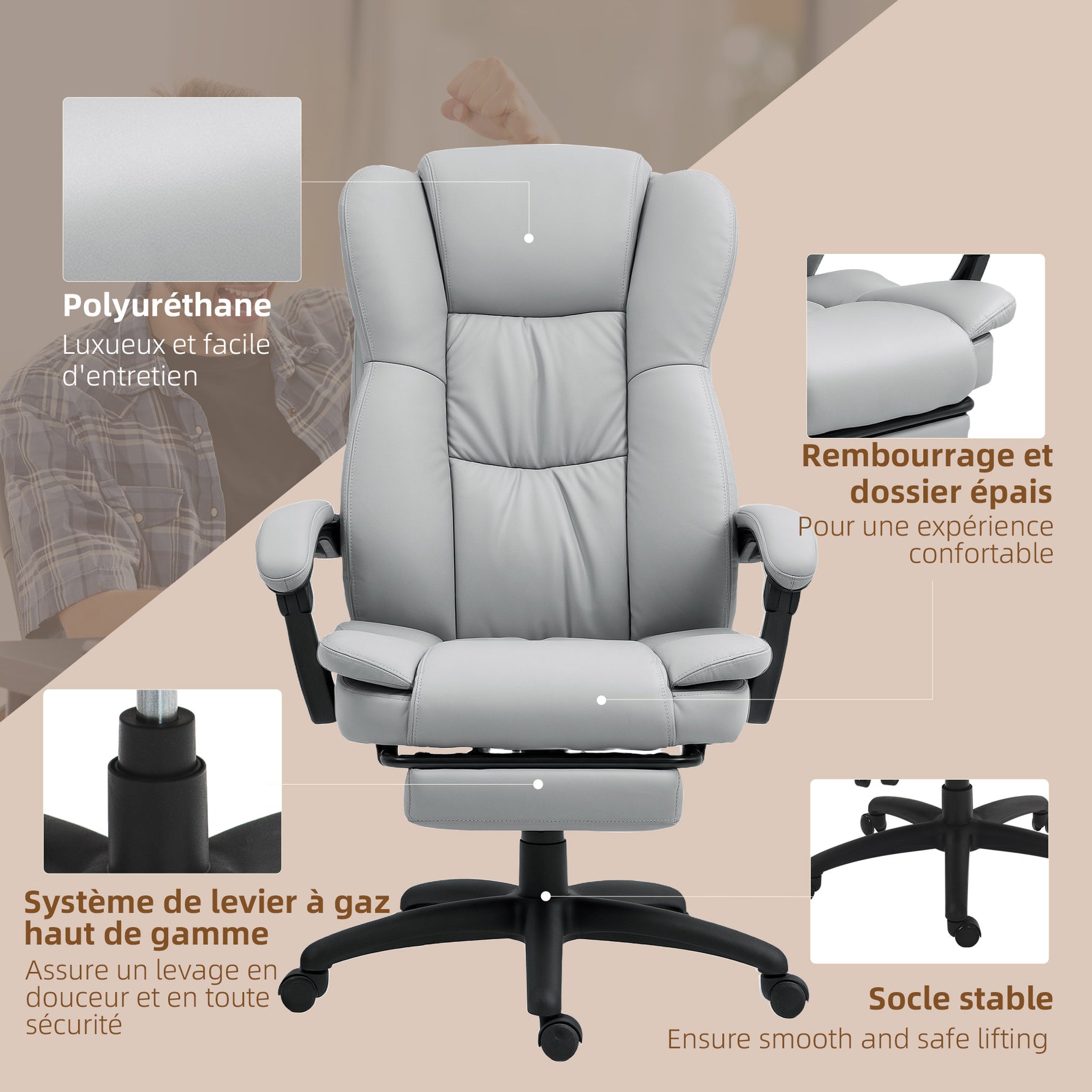Fauteuil de bureau massant, chaise de bureau avec hauteur réglable, dossier inclinable et télécommande filaire, gris
