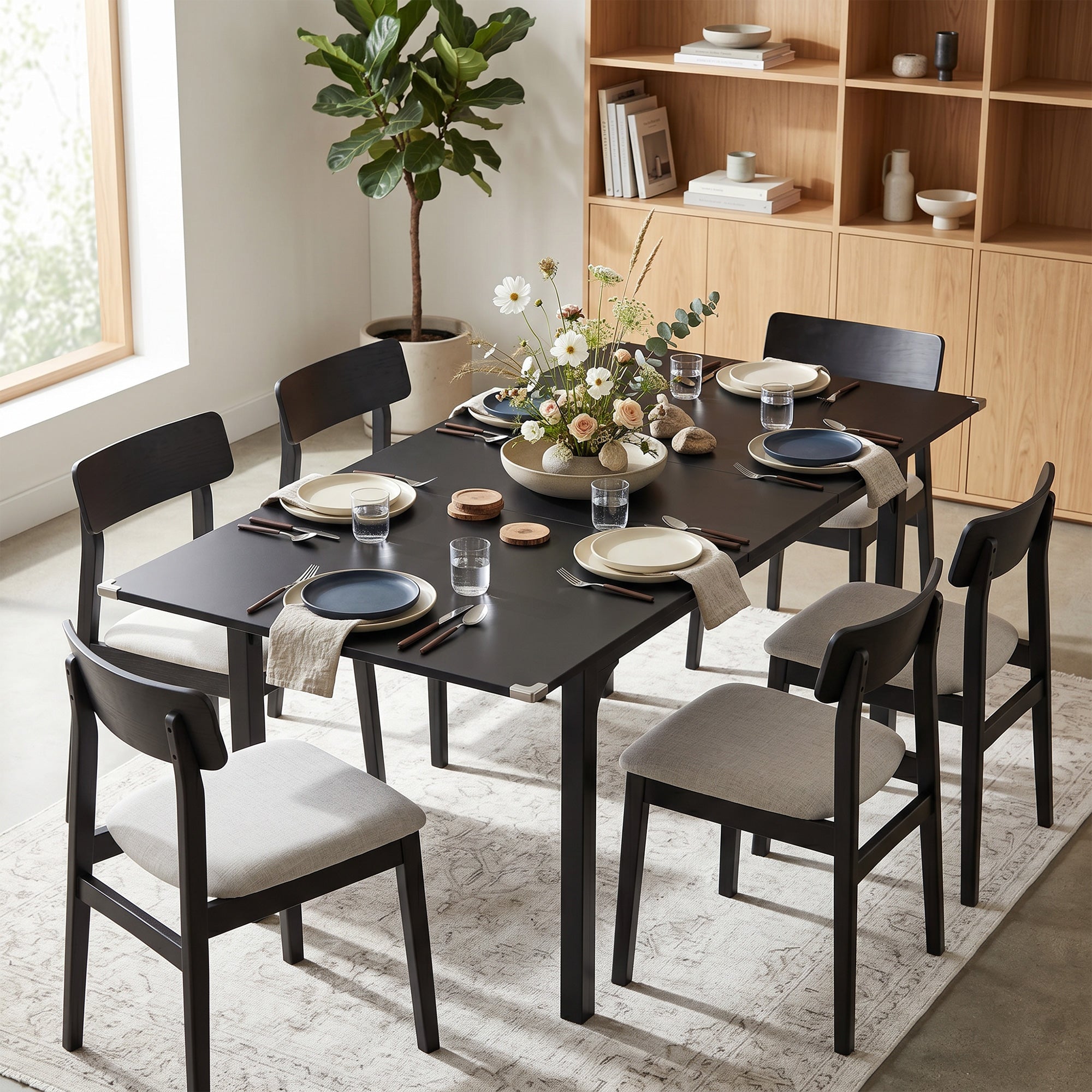 Table à manger extensible de 4 à 6 personnes, pieds en acier, pour petits espaces, salle à manger, noir