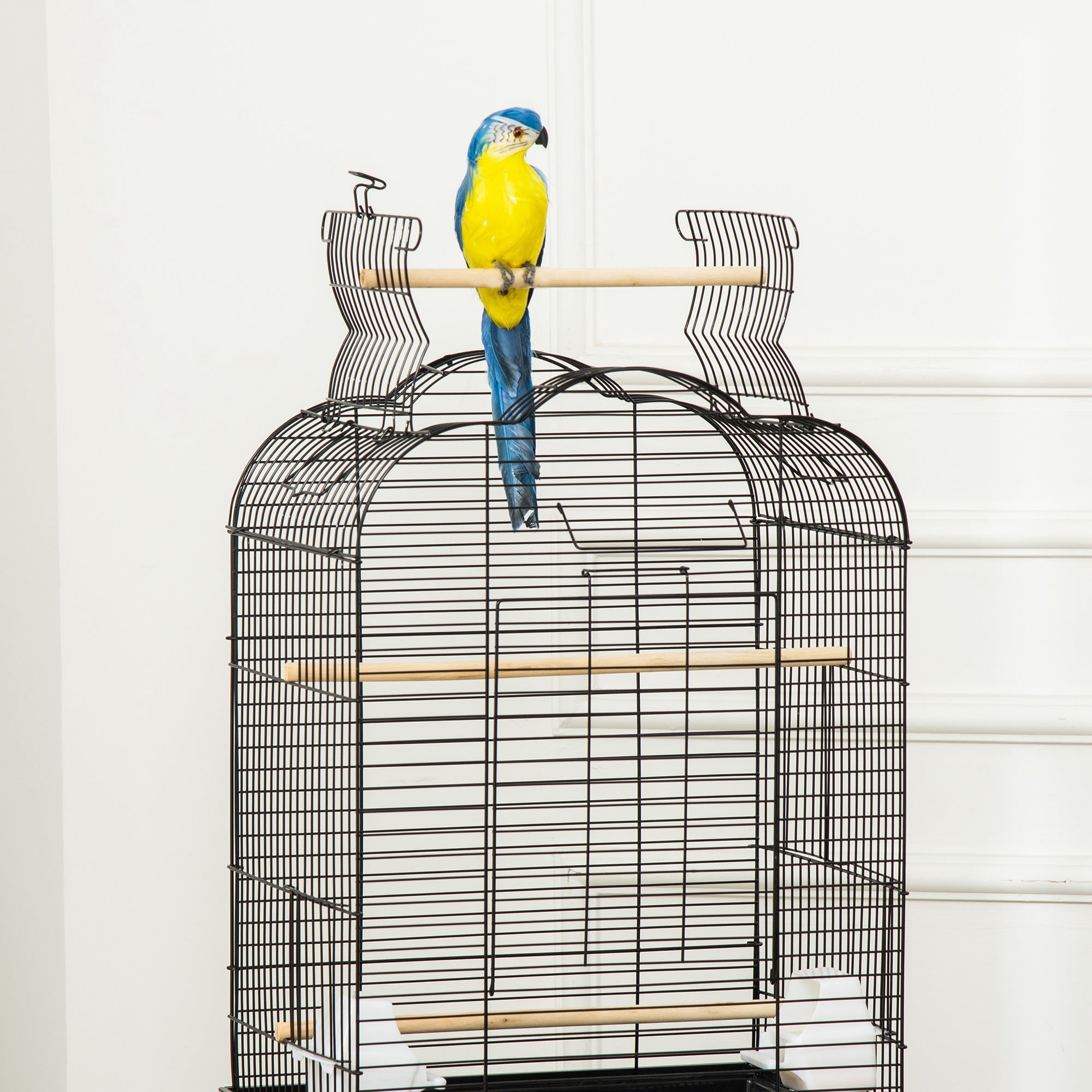 Vogelkooi volière voor vogels op wieltjes met openslaand dak 3 zitstokken onderste plank 46 x 36 x 130 cm zwart