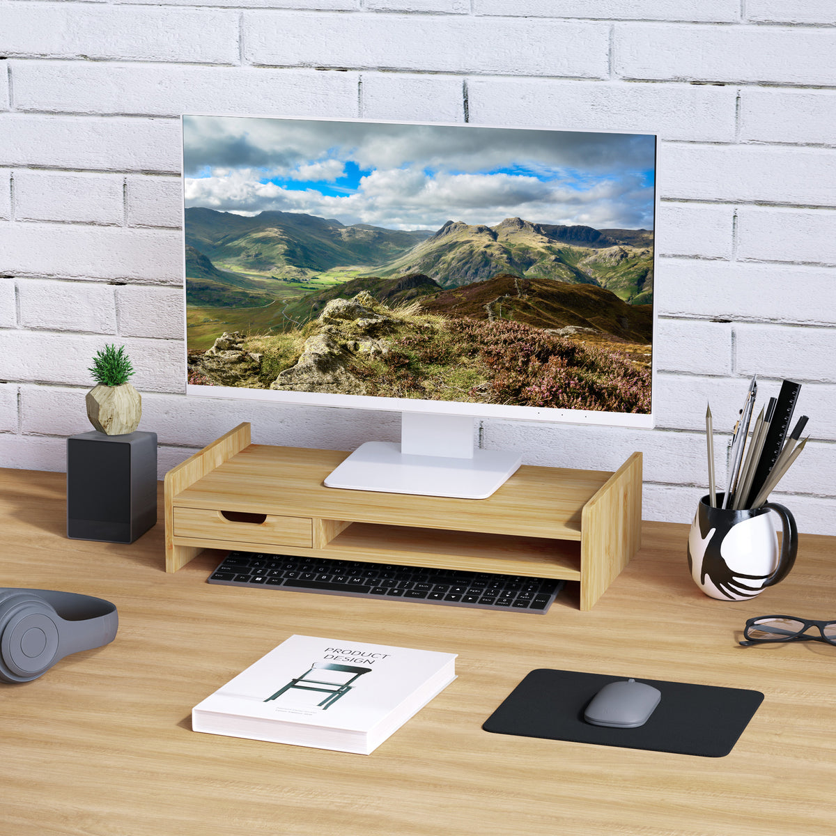 Monitorständer, Laptop-TV-Sockel, Desktop-Organizer mit Schublade aus Bambus