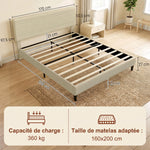 Cadre de Lit 160 x 200 cm avec Sommier en Bois, Rembourré en Effet Lin, Cadre en Acier, 9 Pieds Robustes, Beige