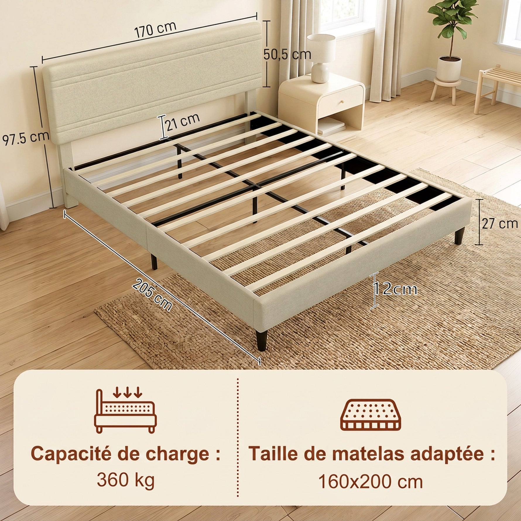 Cadre de Lit 160 x 200 cm avec Sommier en Bois, Rembourré en Effet Lin, Cadre en Acier, 9 Pieds Robustes, Beige