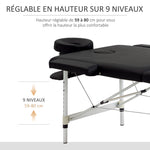 Table de massage pliable portable + housse de transport charge max. 225 Kg hauteur réglable 210 x 90 cm noir