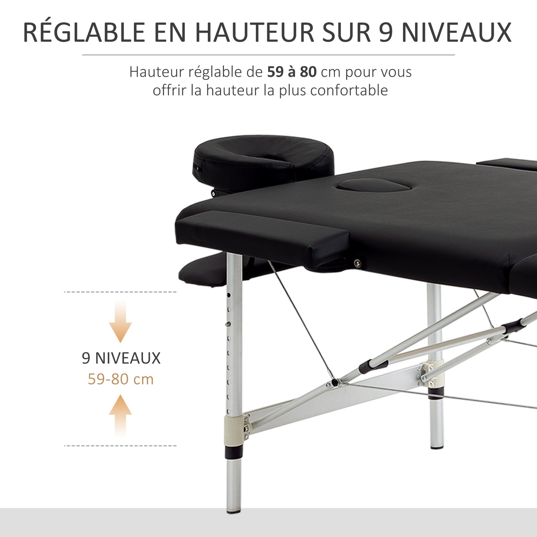 Table de massage pliable portable + housse de transport charge max. 225 Kg hauteur réglable 210 x 90 cm noir