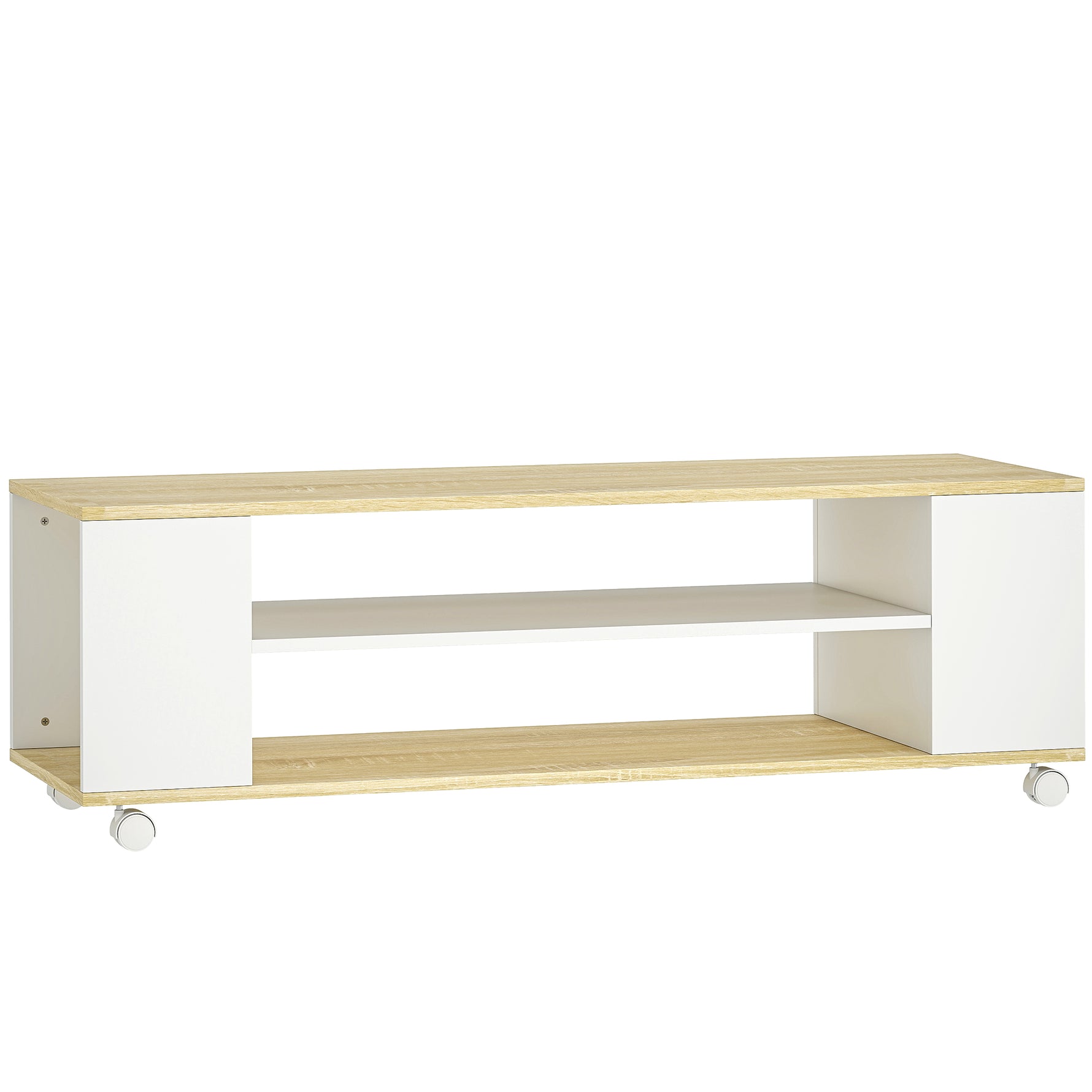 Meuble TV avec roulettes 120 cm, meuble télé pour téléviseur jusqu'à 55 pouces, 2 étagères ouvertes, blanc et naturel