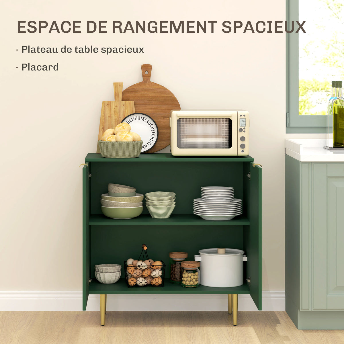 Buffet cuisine meuble de rangement avec 2 portes étagère réglable pieds métalliques surélevés 80 x 40 x 80 cm vert olive