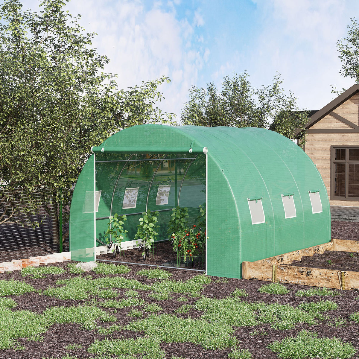 Serre de jardin 9 m² serre tunnel de jardin 3 x 3 x 2 m avec porte enroulable et 6 fenêtres en maille en acier PE vert