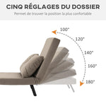 Fauteuil convertible 4 en 1 lit 1 place dossier 5 positions, accoudoirs en bois et coussin, tissu effet velours, marron