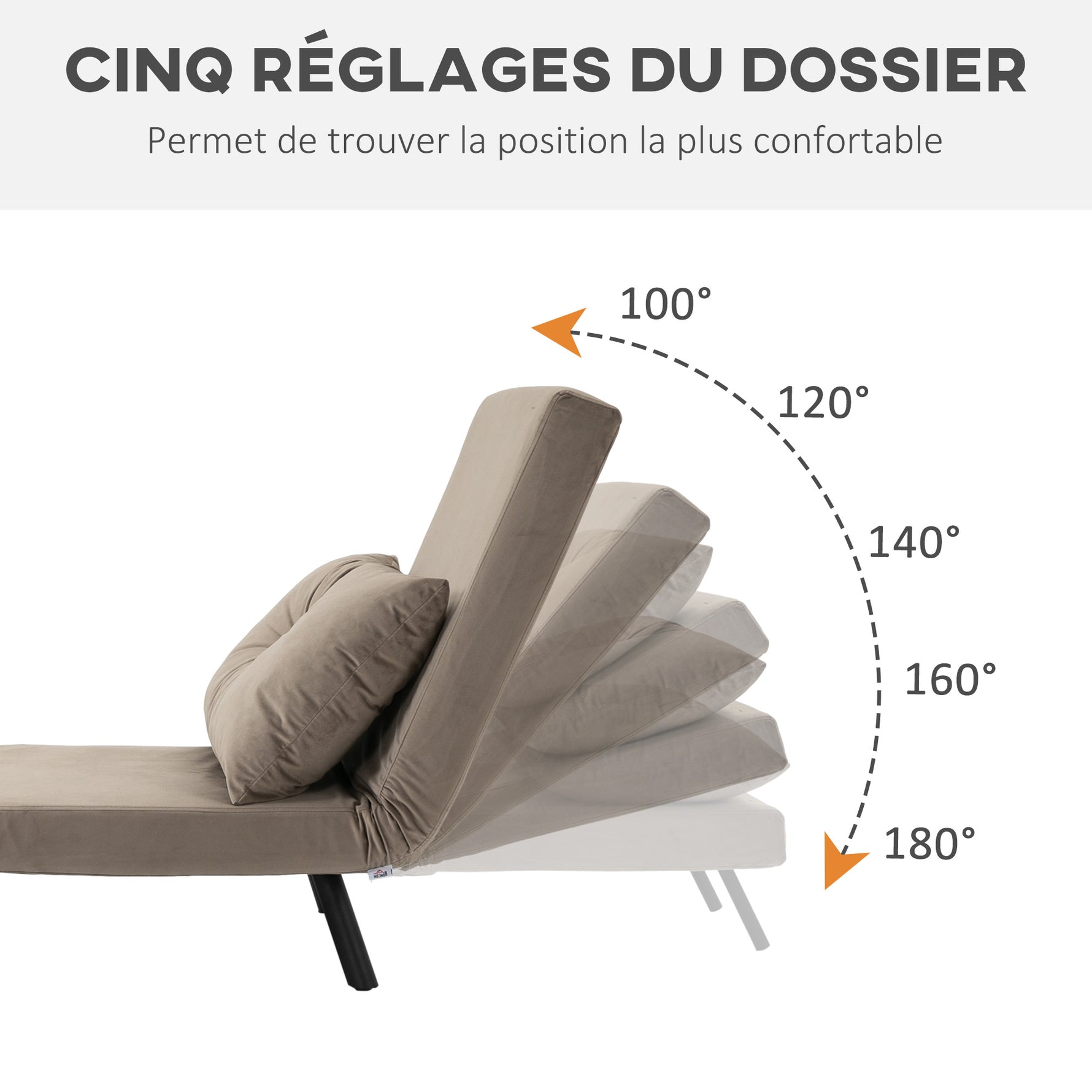 Fauteuil convertible 4 en 1 lit 1 place dossier 5 positions, accoudoirs en bois et coussin, tissu effet velours, marron