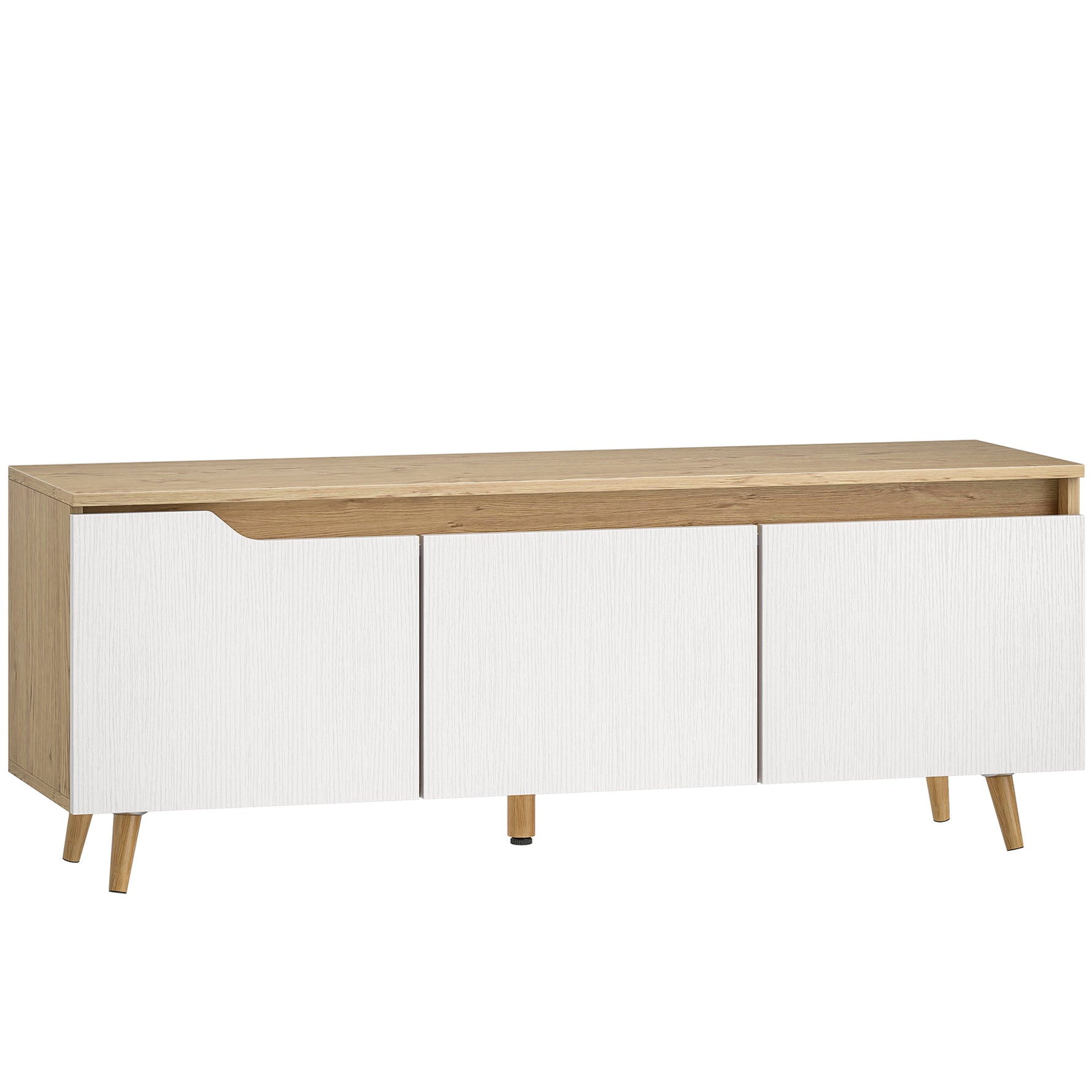 Meuble TV 120 cm, meuble télé pour téléviseur jusqu'à 55 pouces avec 3 portes, étagère réglable, chêne et blanc