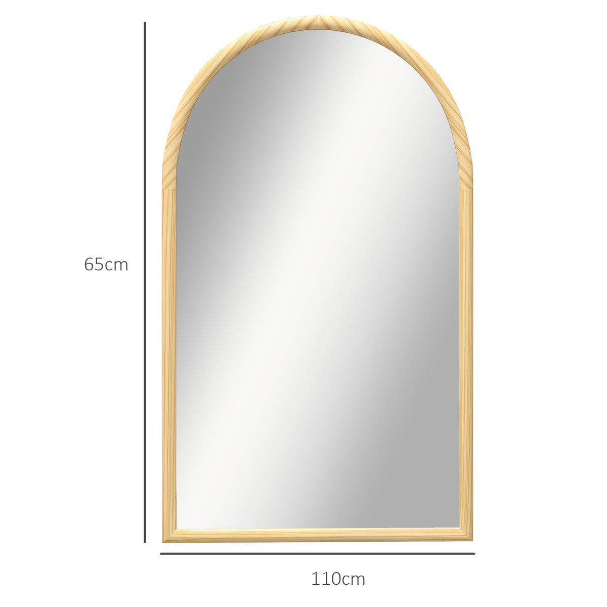Miroir mural arche, 110 x 65 cm Cadre en bois, Miroir arqué pour le salon, la chambre, l'entrée, bois naturel