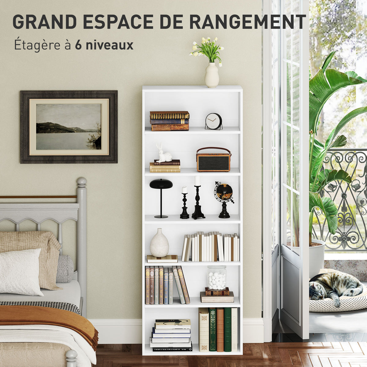 Bibliothèque étagère de rangement 6 niveaux avec étagères réglables pour salon, chambre, bureau, 60x24x158,5cm, blanc