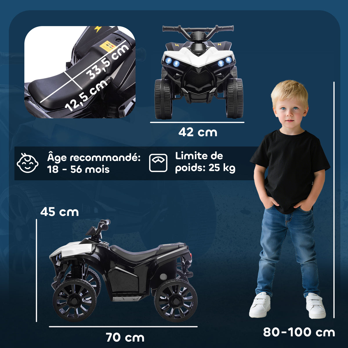 Elektrisches Kinder-Quad 6V, Elektroauto für Kinder ATV, Musik und LED-Scheinwerfer, für 18-56 Monate, 70x42x45cm, Weiß