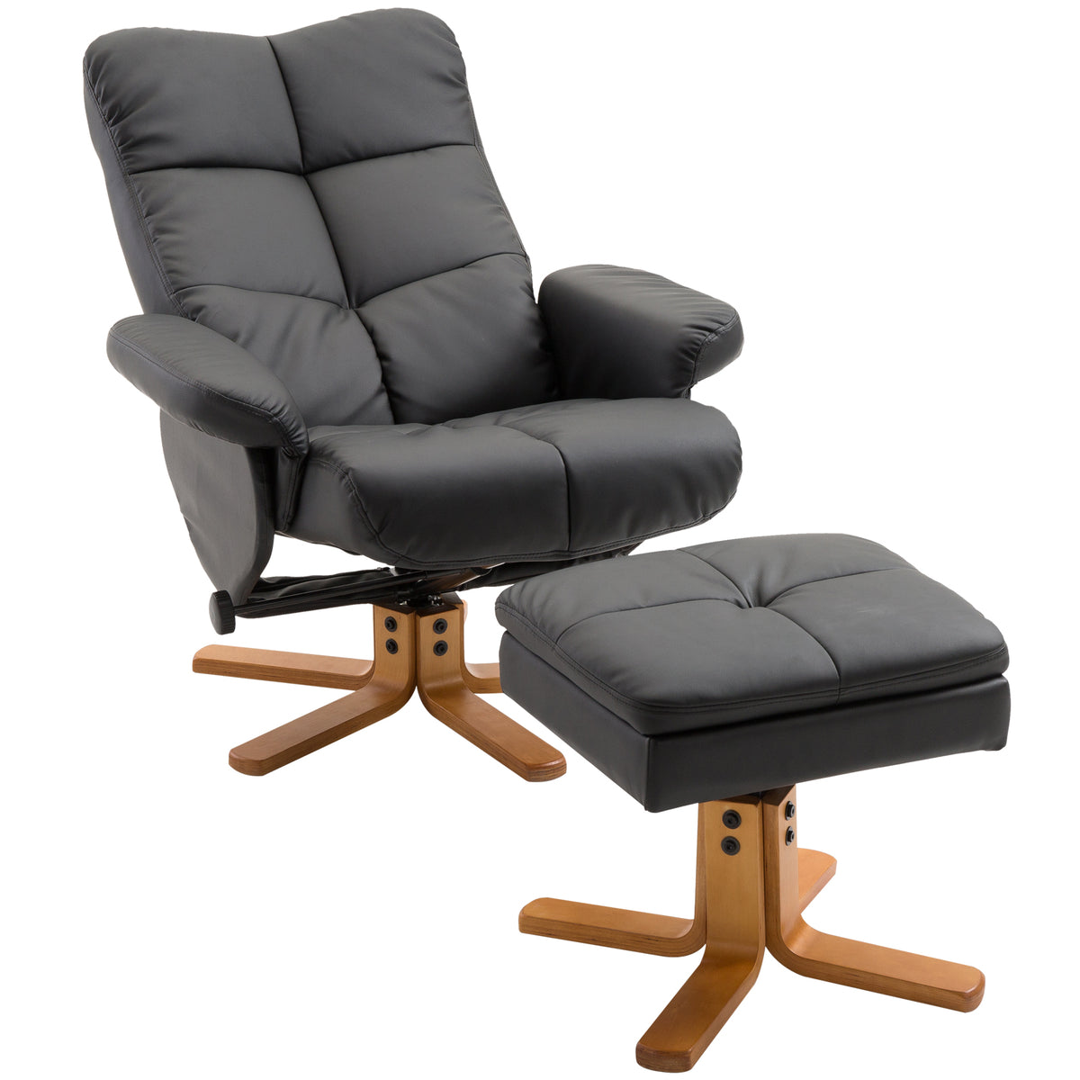 Fauteuil relax avec repose-pied, fauteuil de relaxation en PU, pivotant à 360°, dossier inclinable, assise et dossier rembourrés, rangement caché, pour salon, chambre, home cinéma, noir