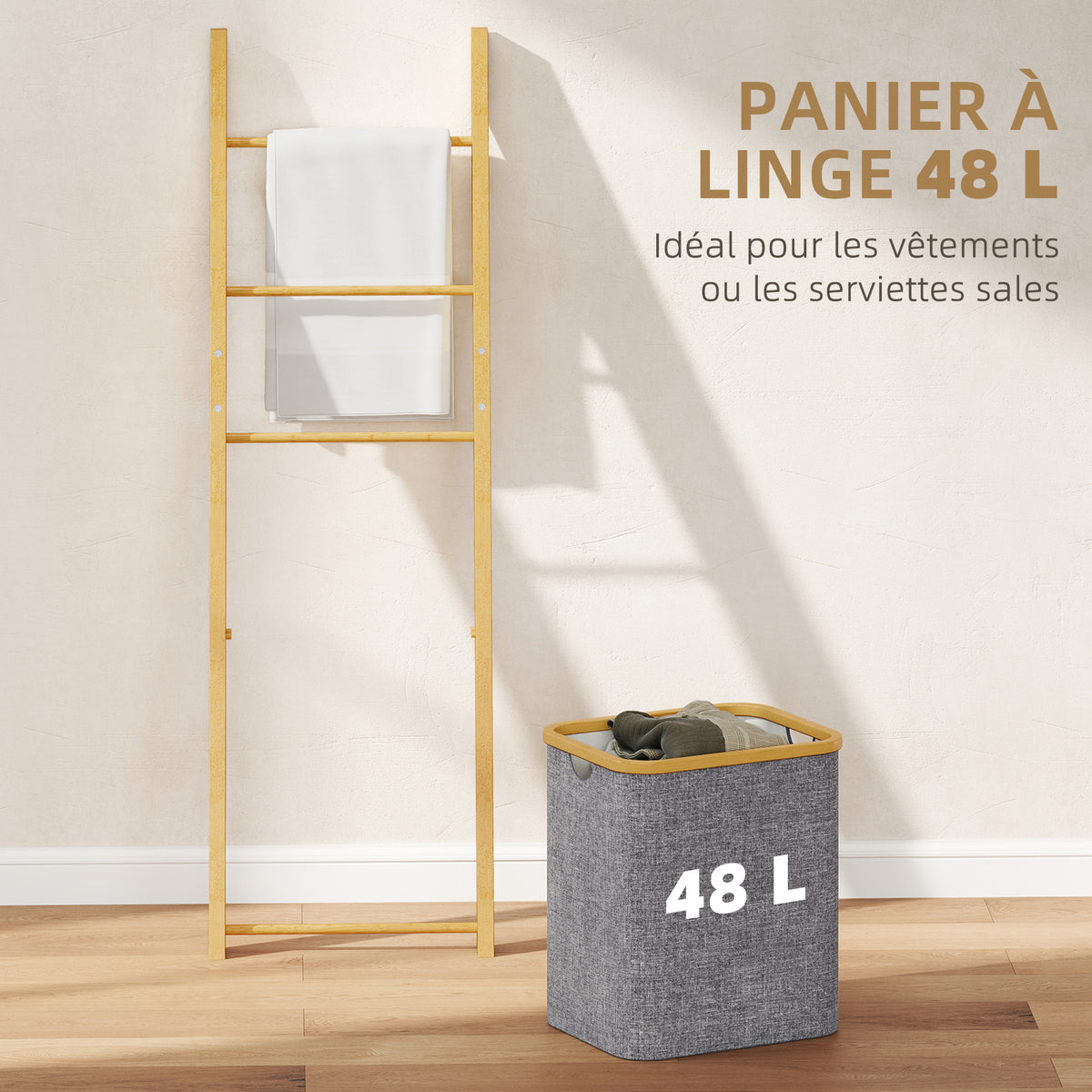 Bamboo towel rack with laundry basket, towel ladder with 1 laundry basket, 43 x 35 x 133 cm, gray