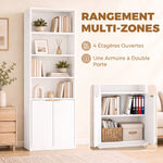 6-Tier Bookcase, Storage Unit, 60 x 24 x 182 cm with 4 Open Compartments and 2 Doors, White