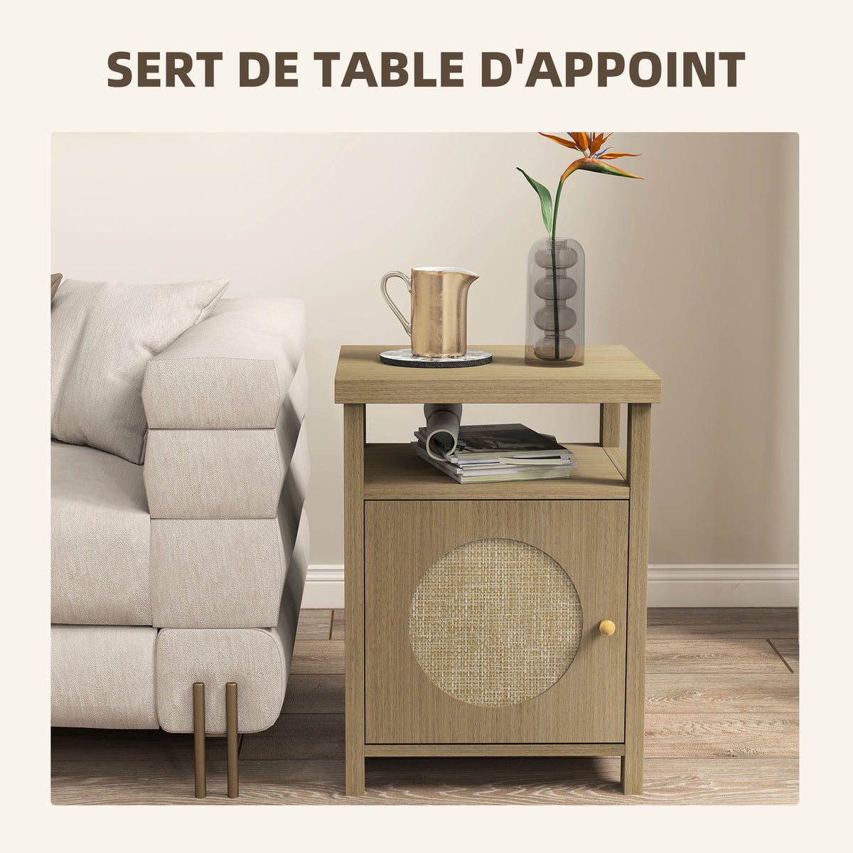 Lot de 2 tables de chevet étroite table d'appoint compartiment ouvert placard finition en rotin, 40 x 35 x 55 cm marron